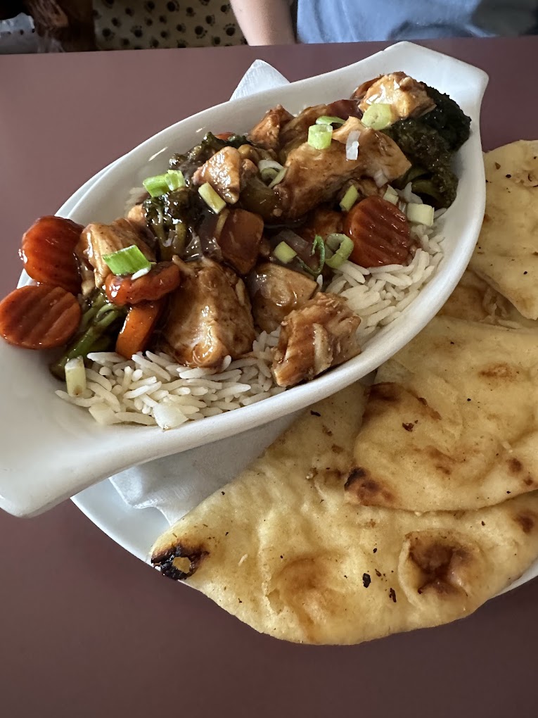 Teriyaki chicken on basmati rice with naan bread